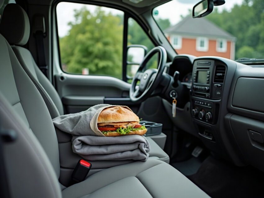 Folded gray canvas and a wrapped sandwich on the passenger seat of a utility truck