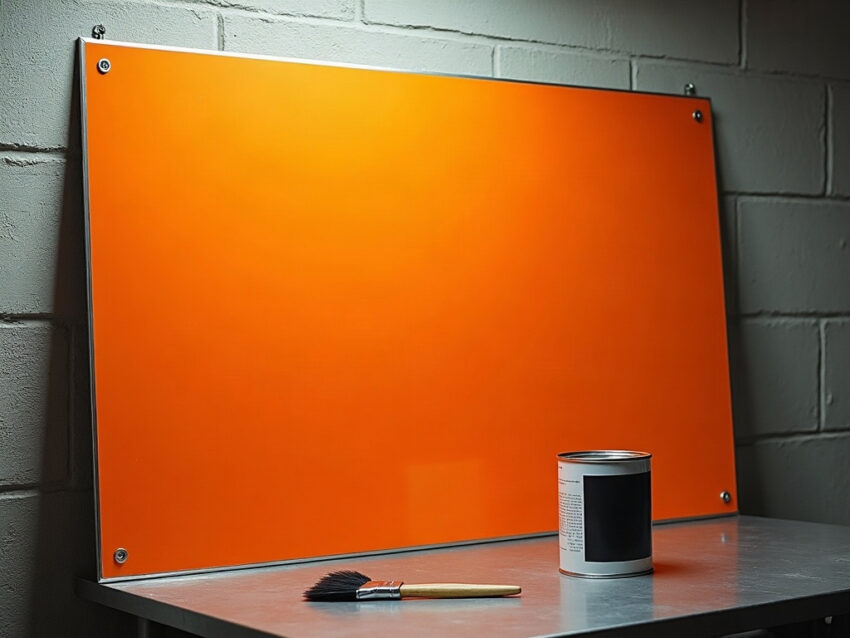 A blank orange highway sign board leaning against a concrete block wall in a sign shop, with a paint can and brush on the table