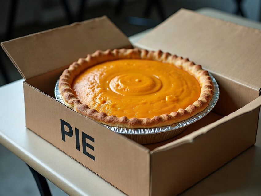 Sweet potato pie in an aluminum pan inside a shipping box marked PIE on a folding table