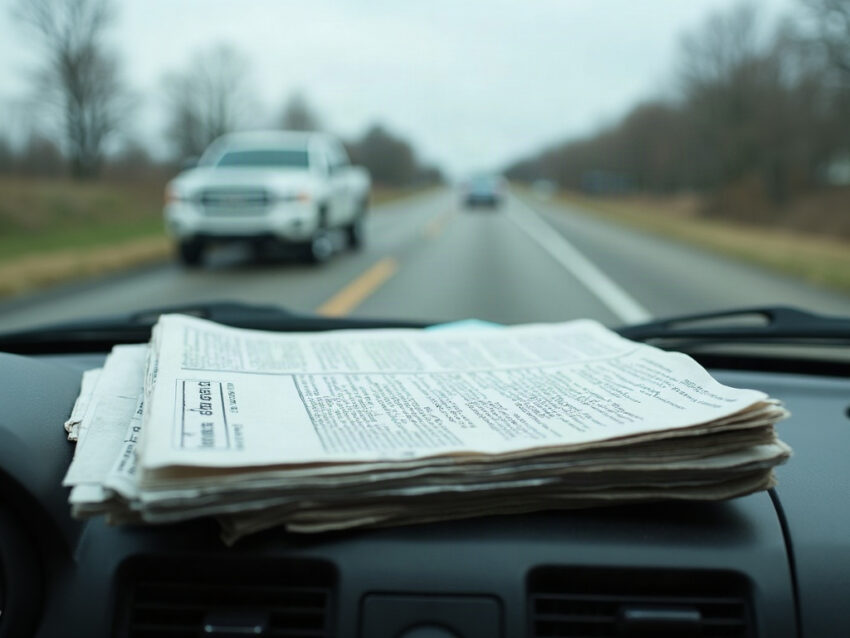 Stack of folded letters and coupons on a truck dashboard