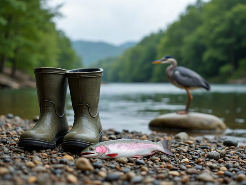 A pair of rubber wading boots and a rainbow trout on a gravel riverbank, with a great blue heron standing on a rock in the river behind them