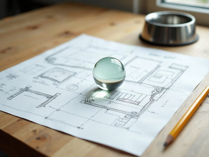 A glass marble on a hand-drawn pencil site plan on a kitchen table, with a pencil and the rim of a dog's water bowl nearby