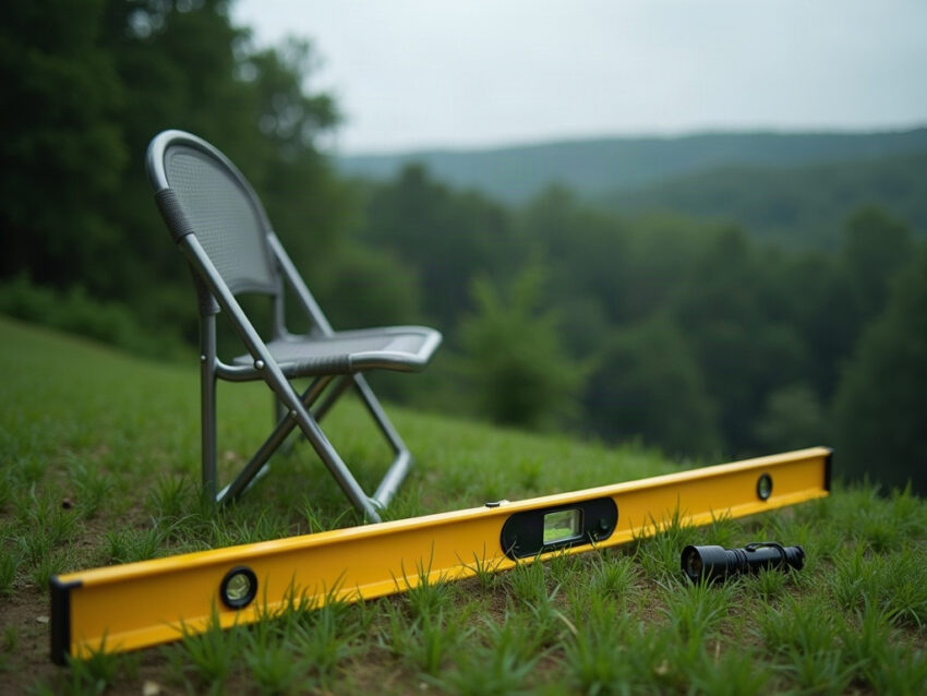 A yellow carpenter's level and a flashlight on a grassy hillside beside a folding lawn chair
