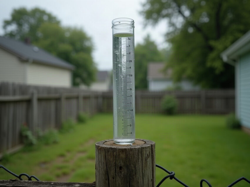 A clear plastic rain gauge tube on a wooden fence post in a backyard