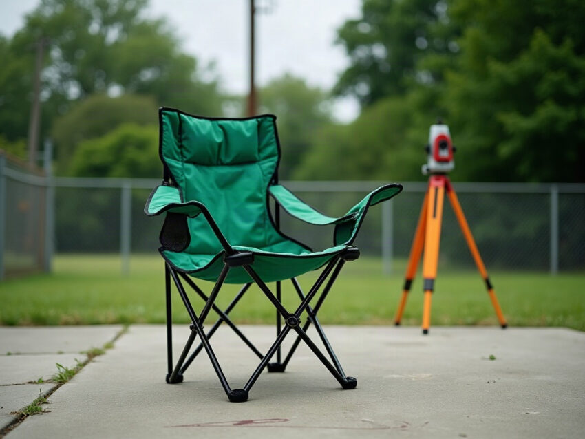 A green folding lawn chair on a concrete patio with a surveyor's transit on a tripod behind it
