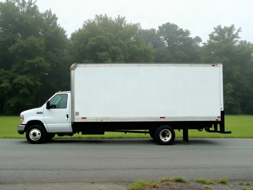 A plain white box rental truck with blank sides parked at the edge of a gravel lot under overcast sky, dense green trees behind