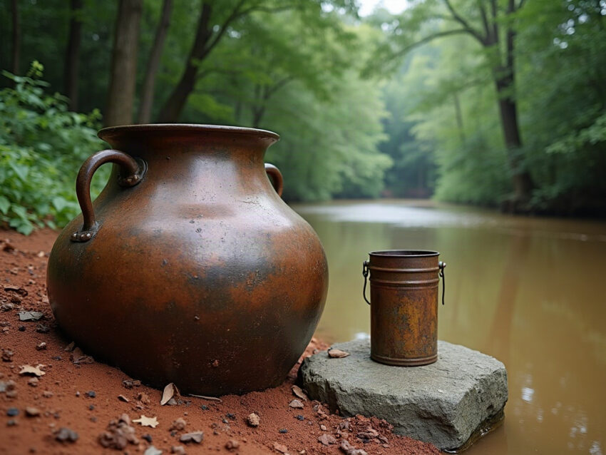 Dented copper moonshine kettle on a red clay creek bank beside a rusted coffee can on a rock