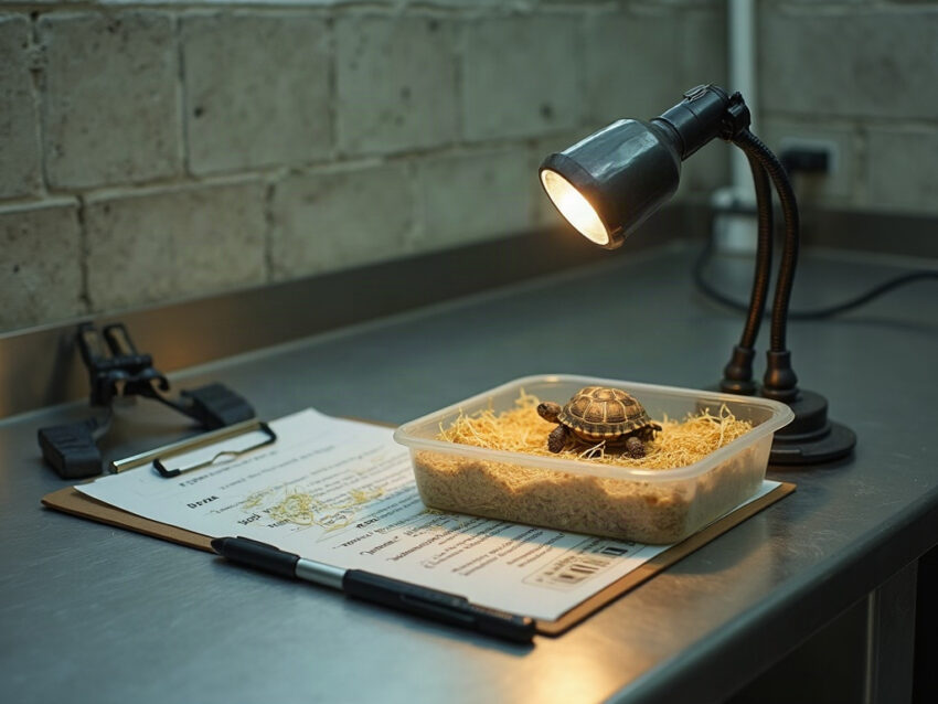 A tortoise hatchling in a plastic tub of straw under a heat lamp on a stainless steel counter beside a clipboard