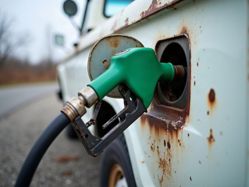Green fuel nozzle in the fuel filler of an older white pickup truck