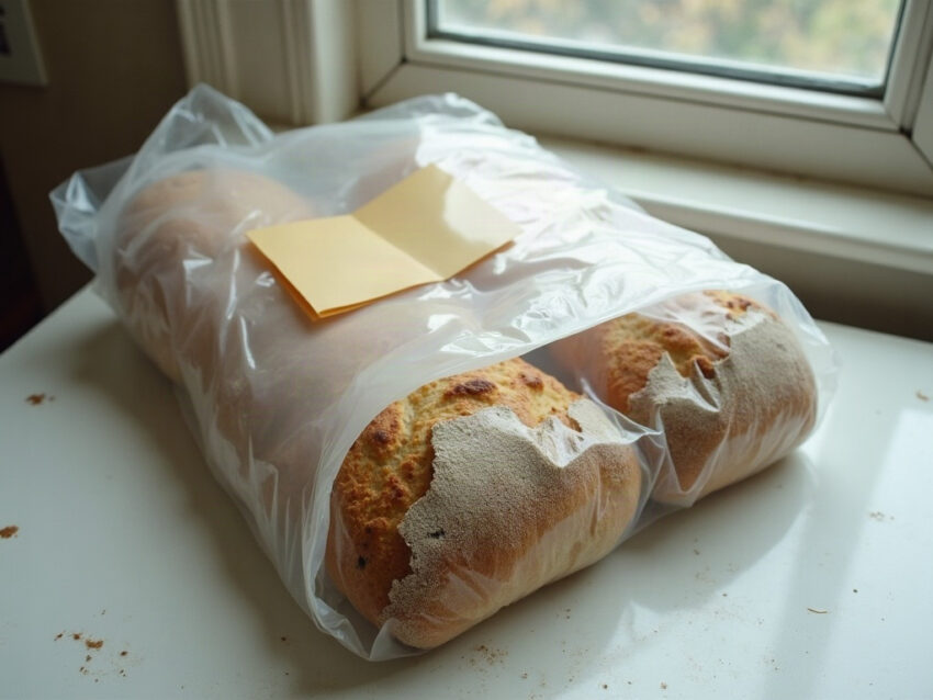 A bread bag on a kitchen counter with a folded yellowed paper form tucked into it