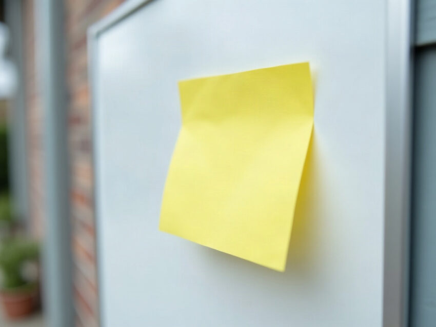 A blank yellow sticky note stuck to the corner of a white board